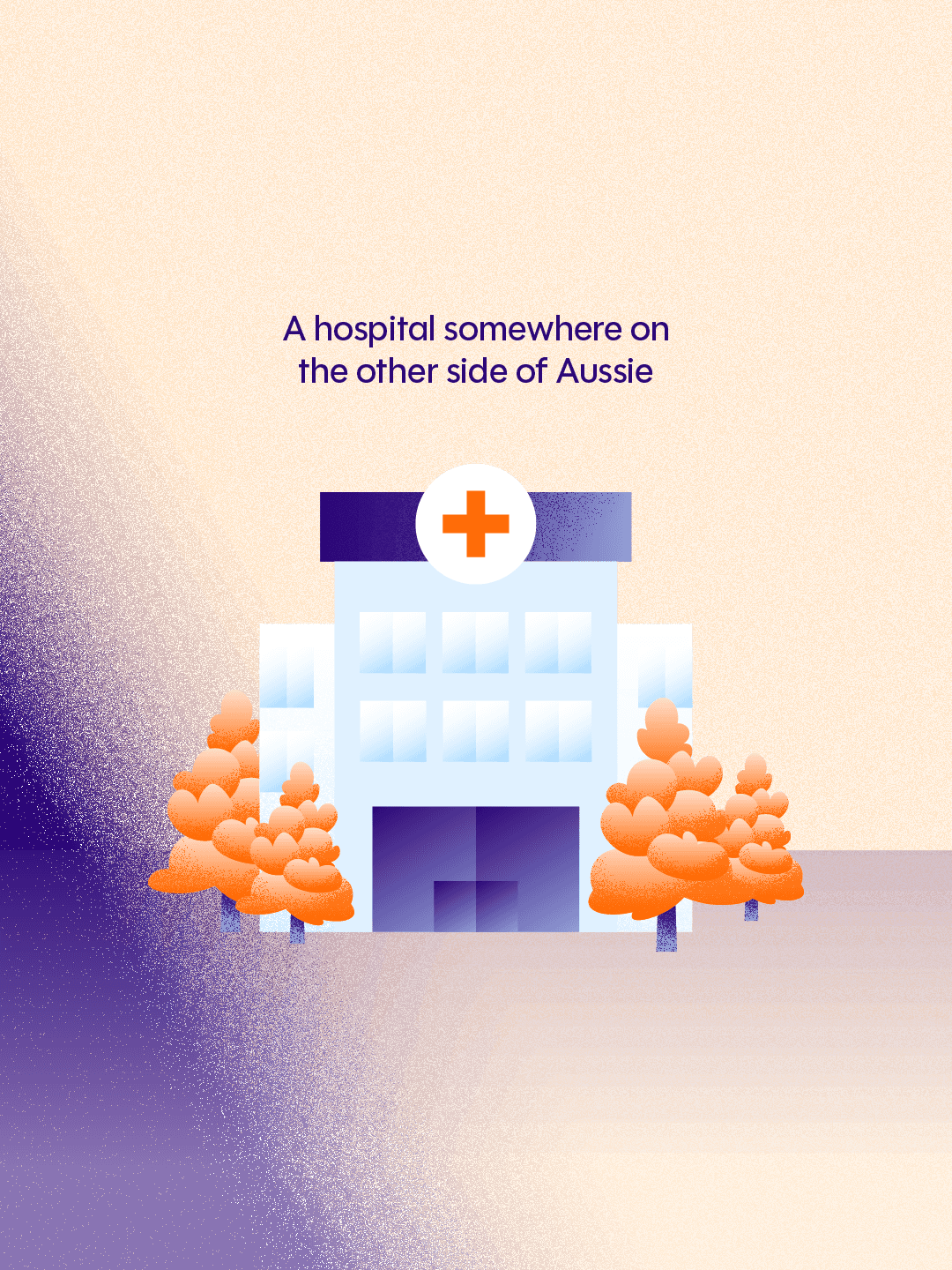 Geometric modular illustration from the Why Standards FHIR explainer animation — a hospital on the other side of Australia, illustrating how separate health systems need shared standards to exchange records.