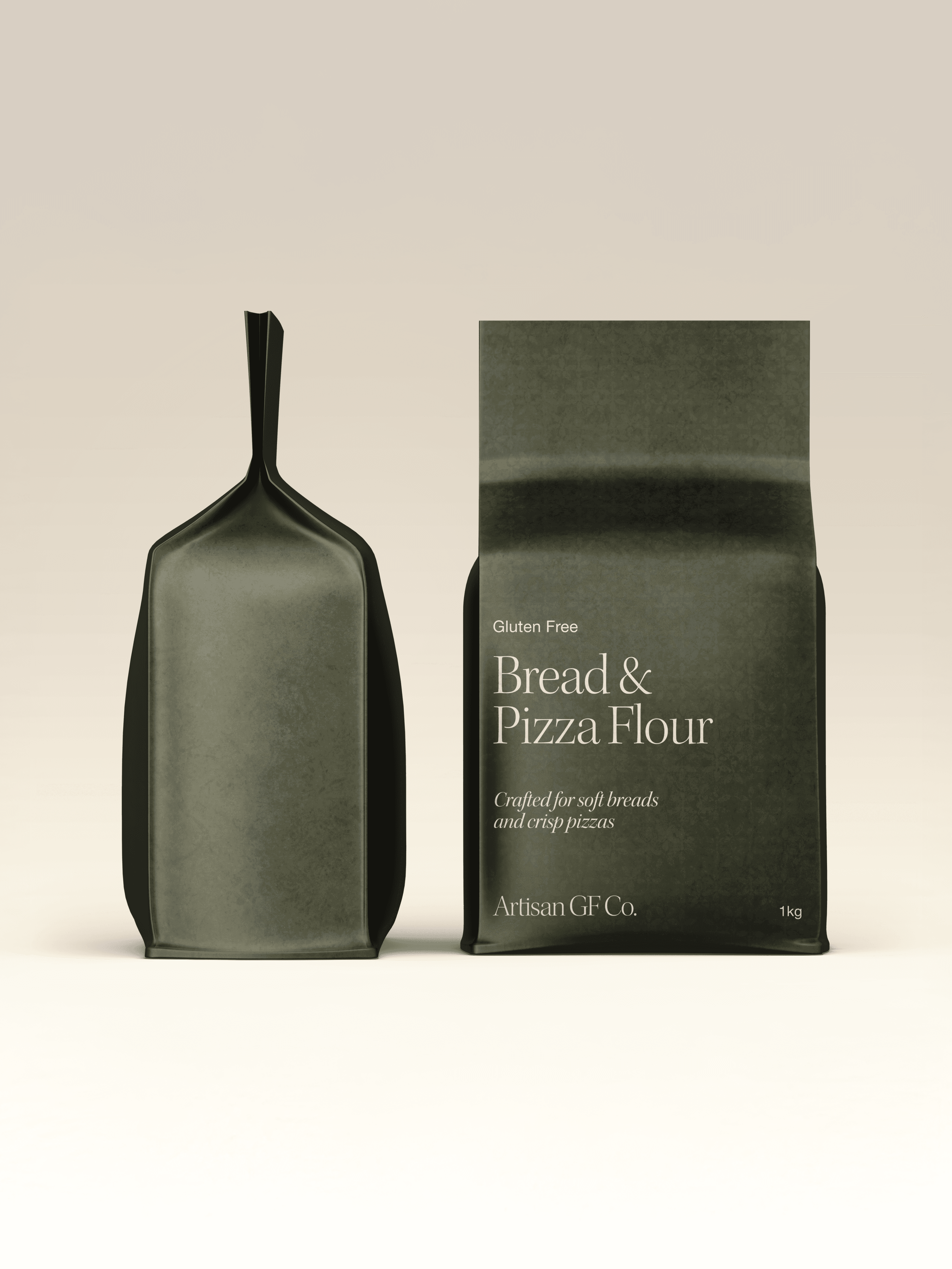 Two dark olive Artisan GF Co. Bread & Pizza Flour bags