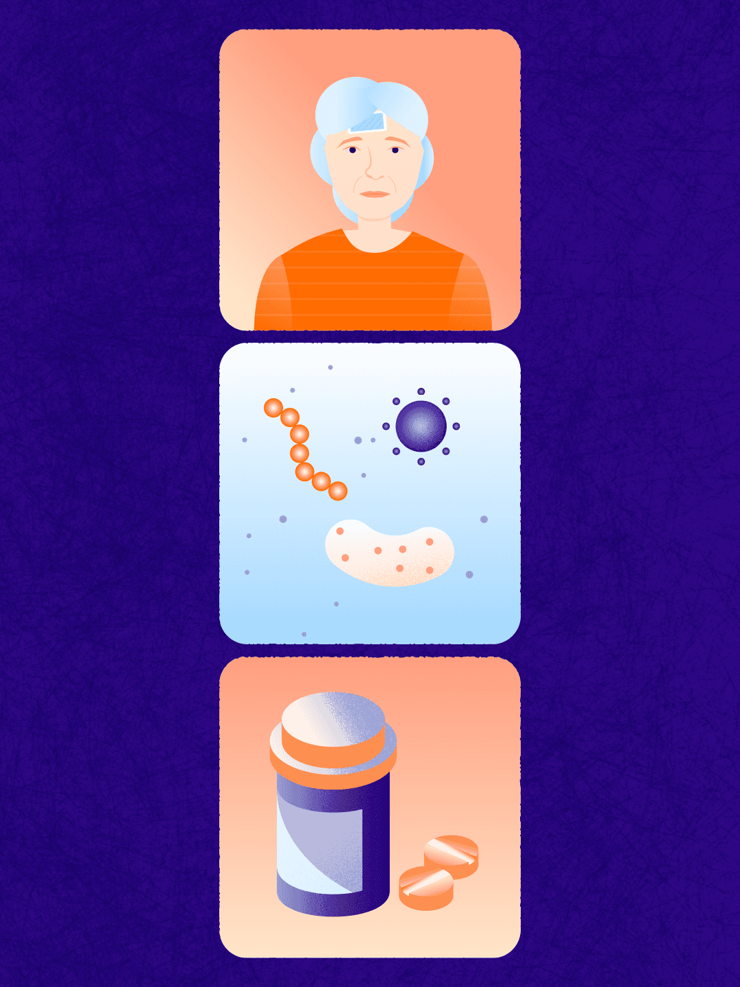 Three-frame illustration sequence from the Why Standards FHIR campaign — patient, pathology and prescription scenes showing how connected care depends on standards across multiple touchpoints.