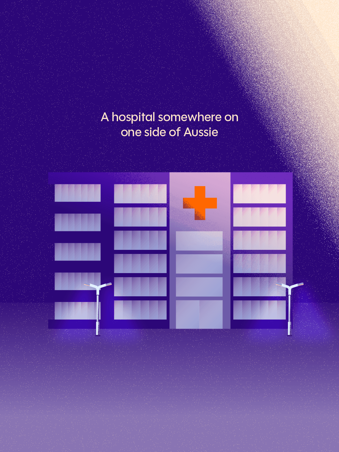 Geometric modular illustration from the Why Standards FHIR explainer animation — a hospital on one side of Australia, part of the analogy for how disconnected health systems cannot share patient information.