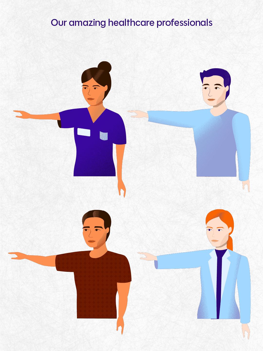 Character-led illustration frame from the Why Standards animated explainer — four healthcare workers connected through outstretched arms, representing connected care across the Australian health system.