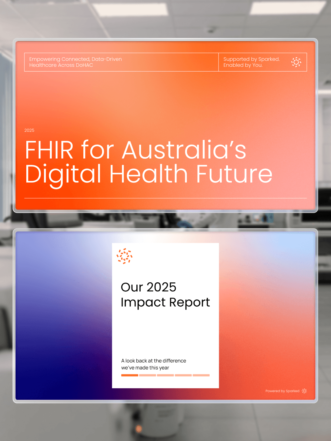 Presentation deck design from the Why Standards campaign — FHIR for Australia's Digital Health Future and 2025 Impact Report covers, in the Human-Tech visual direction developed for the Department of Health, Disability and Ageing.