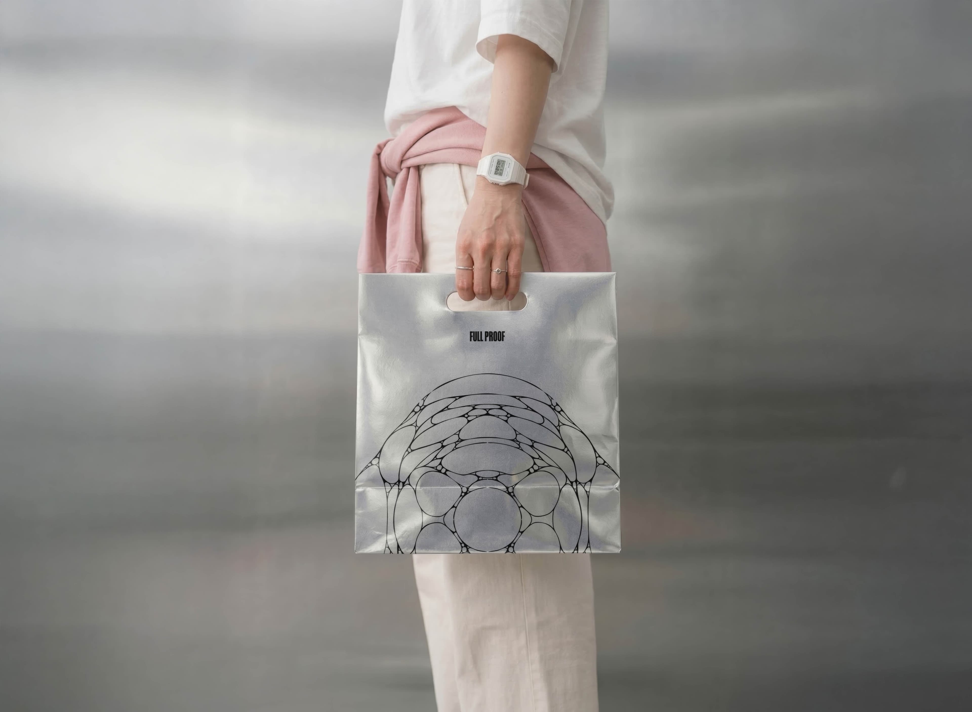 Branded takeaway bag for Full Proof sourdough doughnuts — hospitality brand identity and packaging design by Mude Sydney