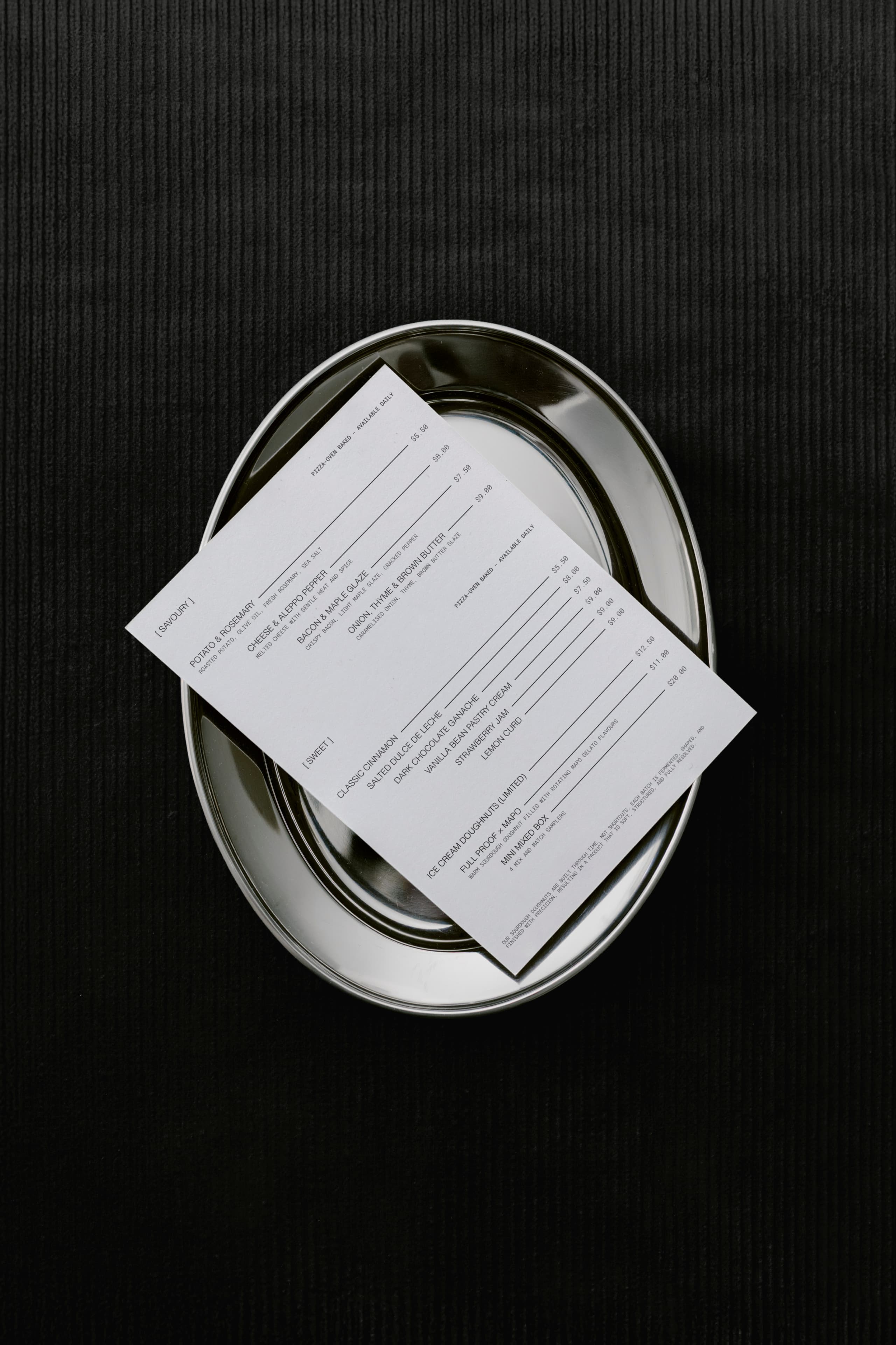 Full Proof menu design for sourdough doughnut brand — hospitality brand collateral and graphic design by Mude