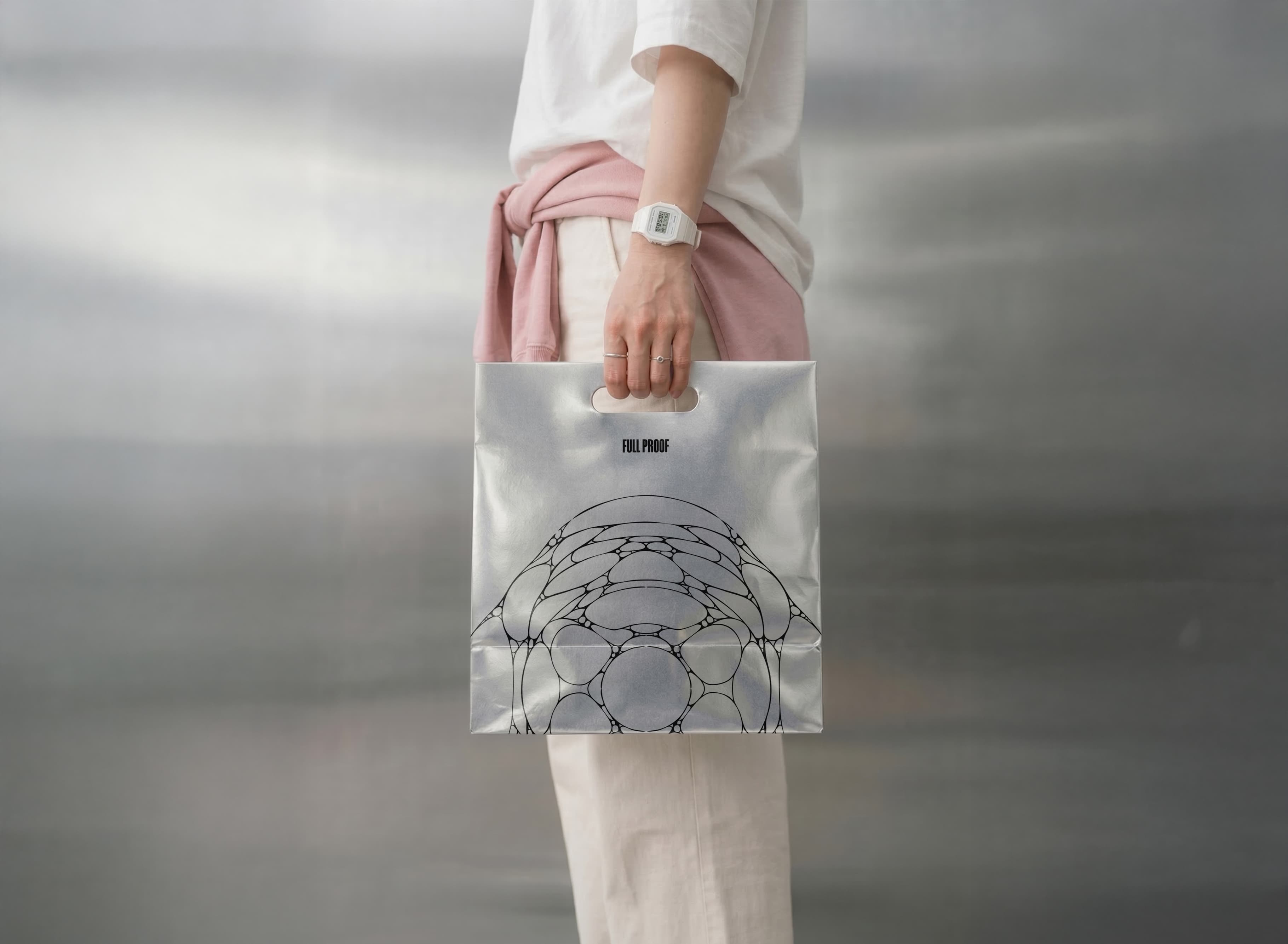 Full Proof takeaway bag packaging design — hospitality brand identity and food packaging by Mude Sydney