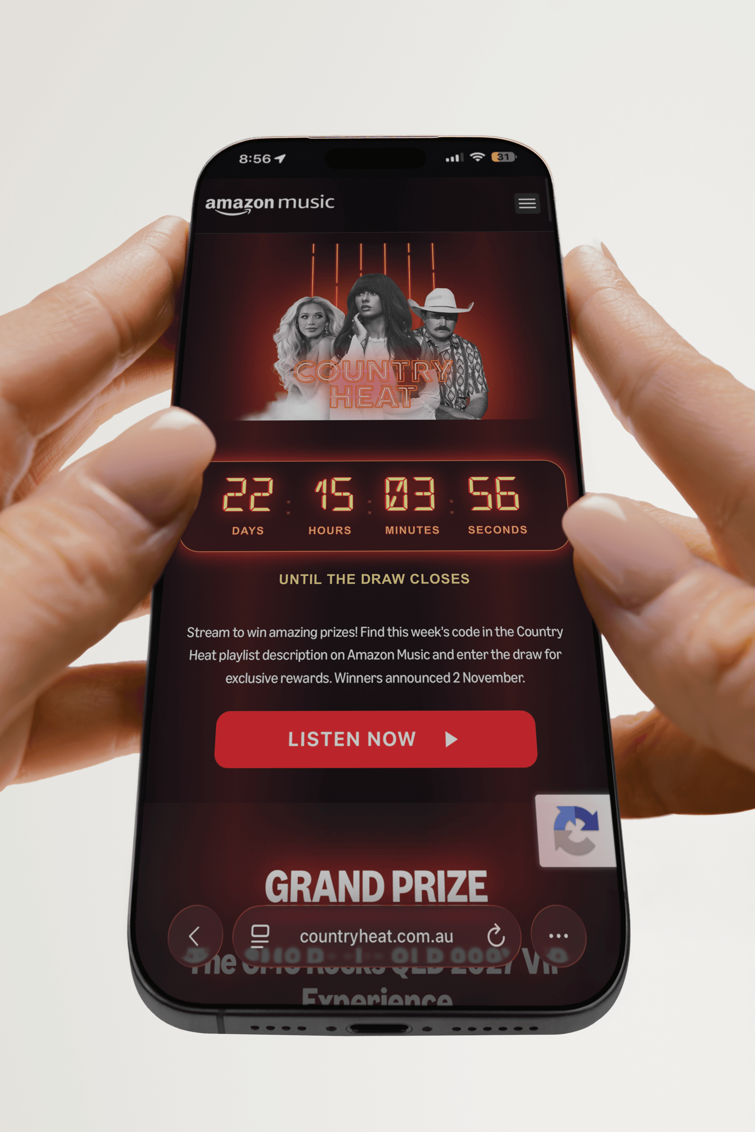 Country Heat 2026 competition website screen on mobile, built by Mude for Amazon Music